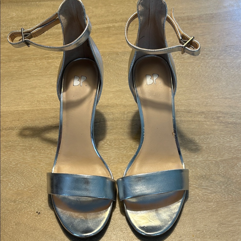 BP Shiny Silver Ankle Strap Heels